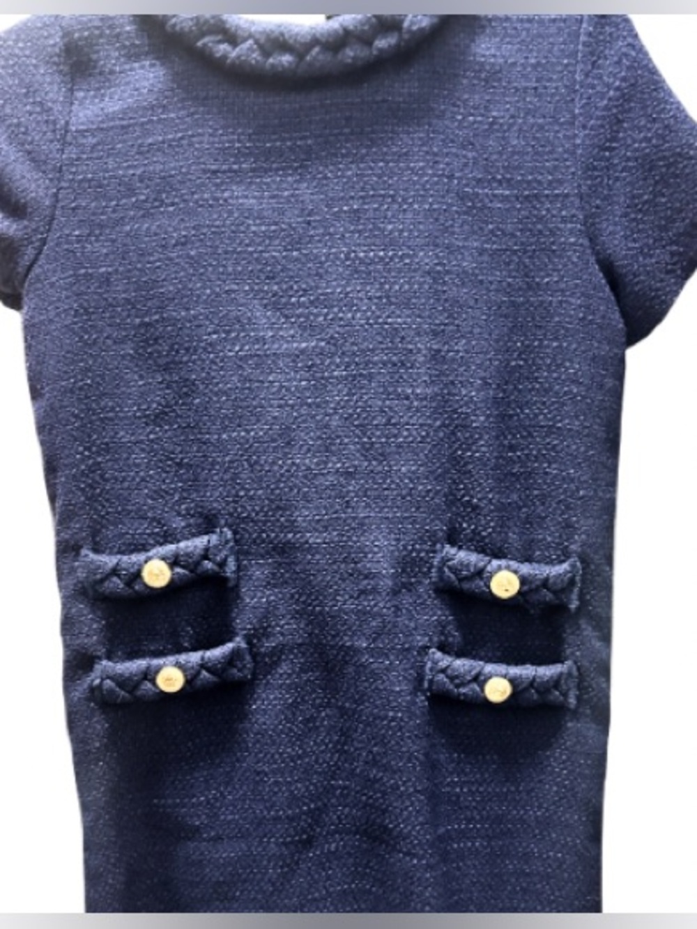 Classic Navy Tweed Womens ' Dress with Braided Trim